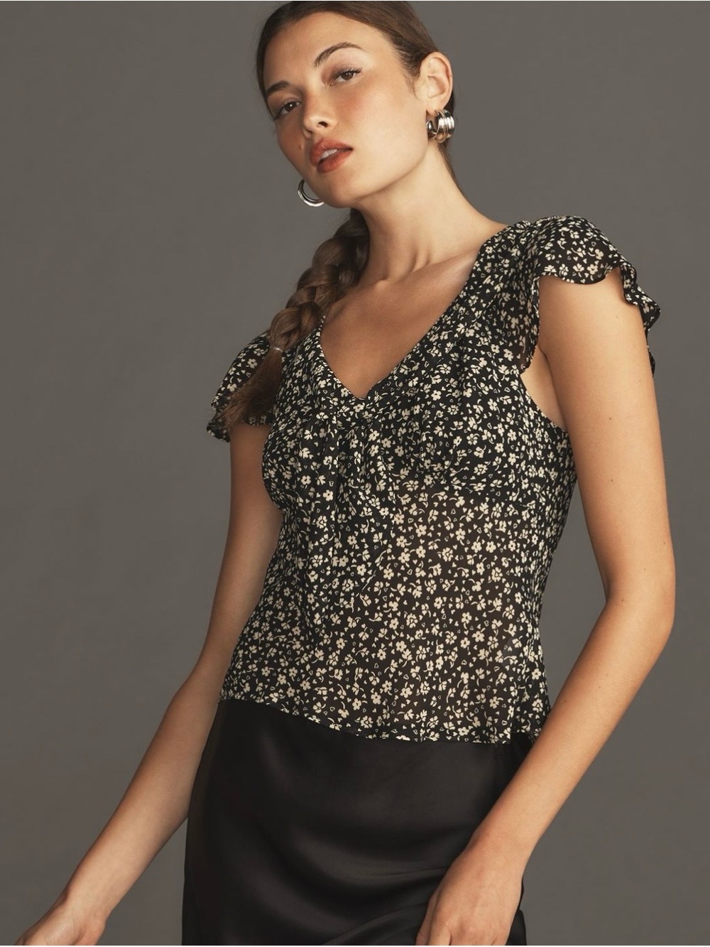 Reformation Black Floral Ruffle Cap Sleeve Top